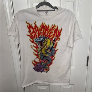 Men's White Graphic Tee with Snake and Flame Design